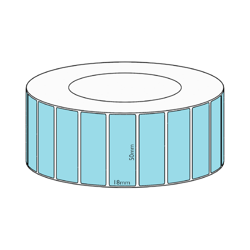 50x18mm Blue Direct Thermal Permanent Label, 7150 per roll, 76mm core